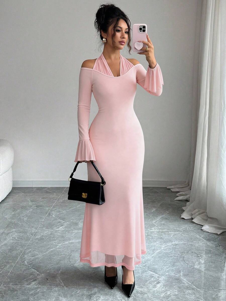 Elenzga Women's Elegant Turtleneck Patchwork Flare Sleeve Long Sleeve Dress, Autumn Party Soft Pink - Baby Pink - View 1