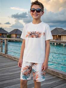 SHEIN Leap Crew Conjunto de 2 peças de camiseta e shorts com estampa tropical para meninos adolescentes; roupas de primavera; roupas para meninos adolescentes; jaquetas para meninos adolescentes, primavera de volta às aulas - Multicolorido - Ver 2