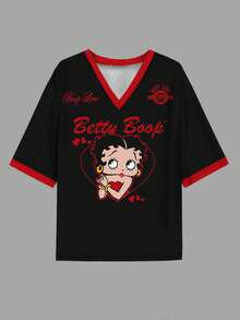 Slaydiva Betty Boop x SHEIN Casual Minimalist V-Neck Plus Size Women's Cartoon Print T-Shirt, Suitable For Summer - Multicolor - View 6