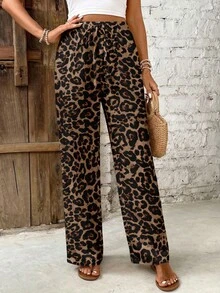 SHEIN Frenchy Quần nữ mùa hè dáng rộng, cạp chun, phong cách tối giản, thanh lịch, kiểu bohemian, retro, họa tiết da báo, thích hợp cho các lễ hội âm nhạc, bãi biển, kỳ nghỉ. - Nhiều màu - Xem 3