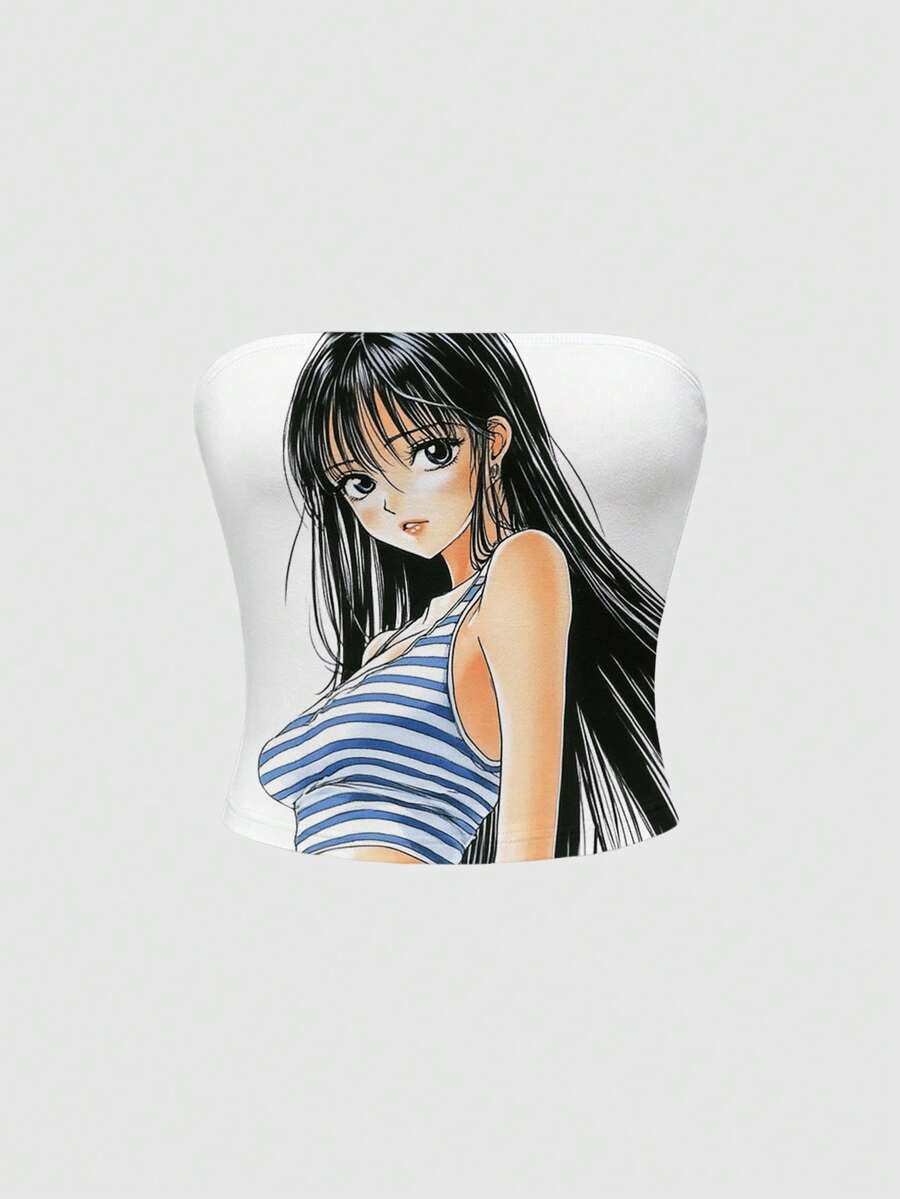 ROMWE Anime Áo croptop trắng in hình nhân vật hoạt hình dễ thương theo phong cách vintage Y2K, gợi cảm. - trắng - Xem 1