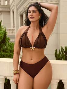 Swim Chiccia Bộ bikini cỡ lớn 2026 mới mùa xuân/hè, màu nâu, dây đeo rộng, họa tiết dây bện hình ngôi sao và quần bơi xếp ly, kiểu dáng thanh lịch. - Cà phê nâu - Xem 4
