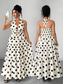 Elenzga Plus Size Women's Elegant Vacation Deep V Polka Dot Print Halter Shirt And A-Line Skirt 2-Piece Set, Spring/Summer - Black and White - View 1