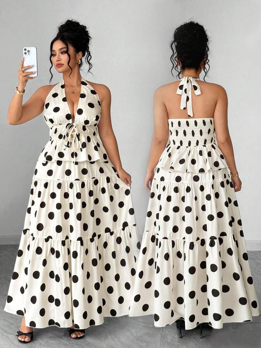 Elenzga Plus Size Women's Elegant Vacation Deep V Polka Dot Print Halter Shirt And A-Line Skirt 2-Piece Set, Spring/Summer - Black and White - View 1