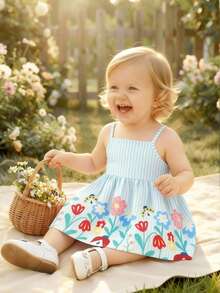 2件套女婴蓝白条纹碎花吊带连衣裙+遮阳帽，幼儿可爱碎花A字连衣裙套装，适合夏季外出 - 彩色 - 查看 7