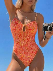 Swim Mod Áo tắm liền thân hở lưng, cổ yếm họa tiết hoa nhí ngọt ngào dành cho nữ, dáng ôm, thích hợp cho mùa xuân/hè. - Nhiều màu - Xem 2