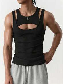 SWAVVY Men's Asymmetrical Hollow-Out Tank Top, Fashionable - Black - View 1