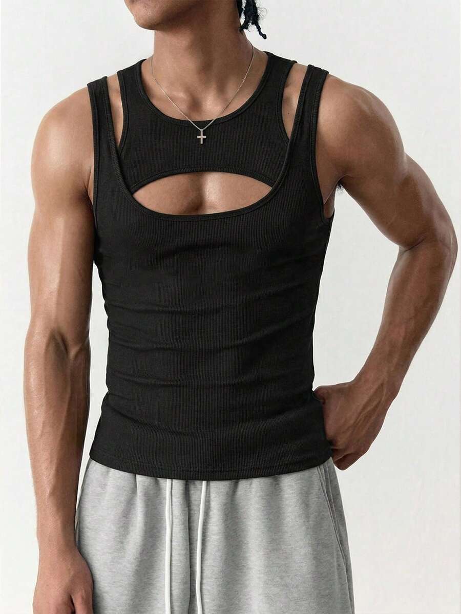 SWAVVY Men's Asymmetrical Hollow-Out Tank Top, Fashionable - Black - View 1