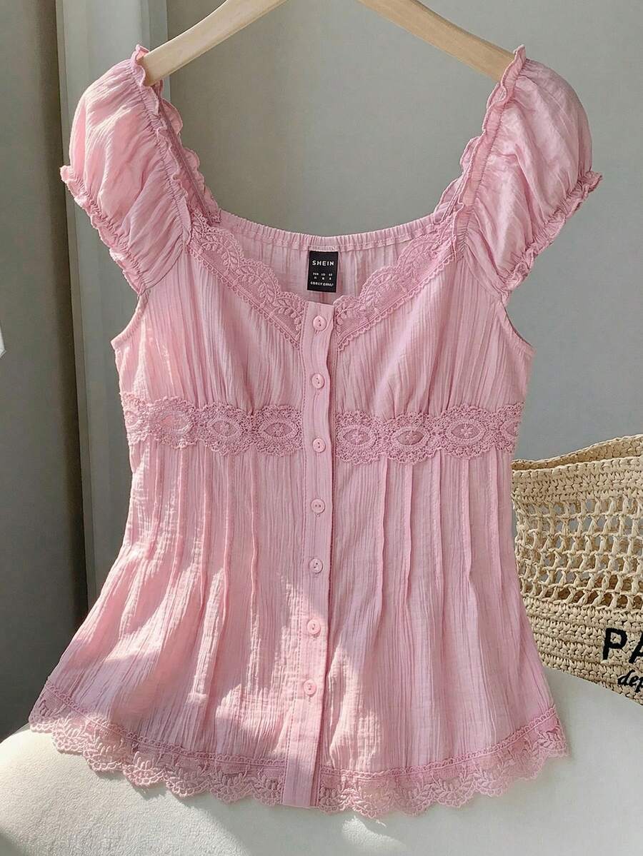 Comfortcana Áo sơ mi nữ dệt kim màu hồng phối ren tương phản, kiểu dáng thường ngày, cài cúc phía trước, thích hợp cho mùa hè. - Hồng - Xem 1