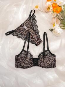 Bare Chapter 2pcs Women Leopard Print Lace Patchwork Front Closure Wireless Thin Cup Comfortable Lingerie Set - Multicolor - View 8