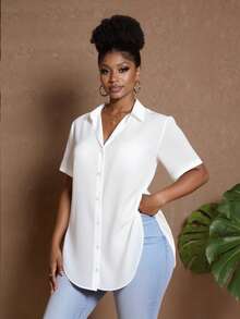 Maweii Plus Size Women's Solid Color Single-Breasted Casual Versatile Daily Wear Short Sleeve Shirt - Multicolor - View 1