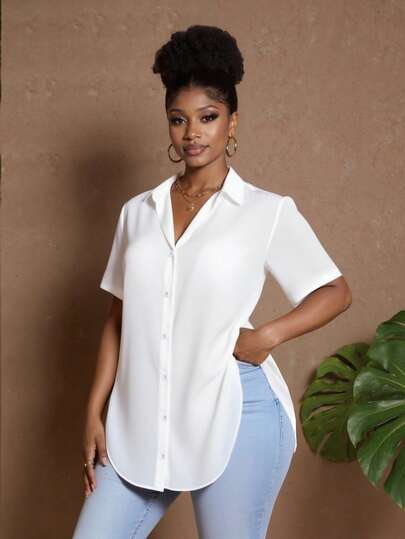 Maweii Plus Size Women's Solid Color Single-Breasted Casual Versatile Daily Wear Short Sleeve Shirt
