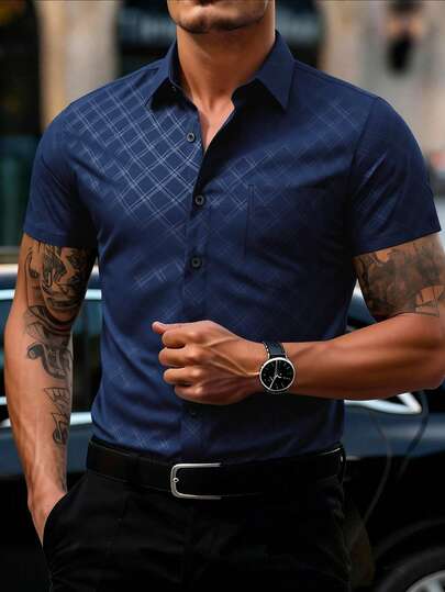 Manfinity Mode Men's Diamond Pattern Front Button Short Sleeve Shirt (Printed Irregular Cut)