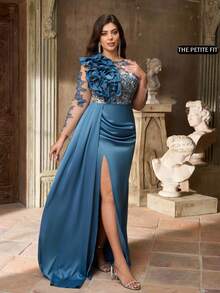 Aureia Petite Curve 大码优雅船领奢华串珠刺绣拼接塔夫绸3D荷叶边装饰长袖高开衩薄纱罩衫连衣裙，适合派对、庆典、婚礼、正式晚宴（精致设计） - 藍色 - 查看 7