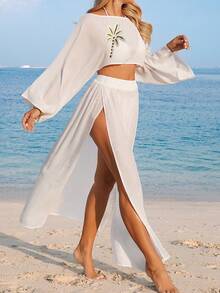 SHEIN Swim Vcay Bộ đồ đi biển dài tay xẻ tà màu trắng họa tiết cây dừa dành cho nữ năm 2026, kiểu dáng thường ngày, thích hợp cho kỳ nghỉ hoặc du lịch. - trắng - Xem 5