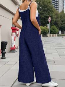 EMERY ROSE Mono informal de cuello cuadrado con efecto de textura de mezclilla, talla grande - Azul Marino - Ver 2