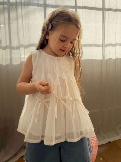 Dazy Kids Girls (Small) Round Neck A-Line Shirt With Bow Decor