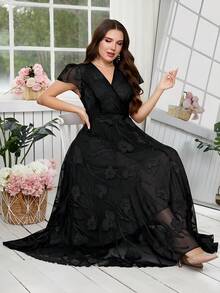 Reflora 大码女士优雅印花连衣裙，夏季婚礼礼服 - 黑色 - 查看 14