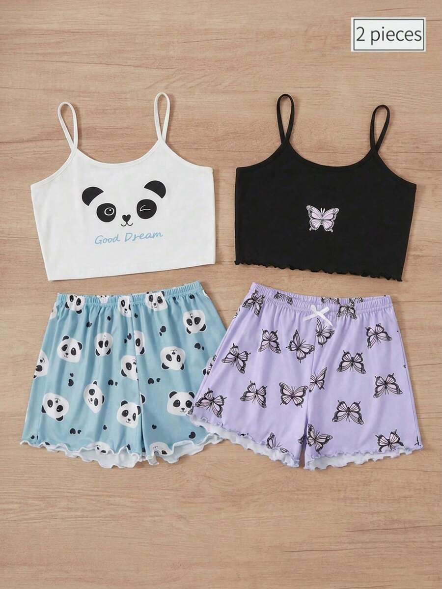 Girls Panda Print Shorts & Camisole 2pcs Set, Casual Loungewear