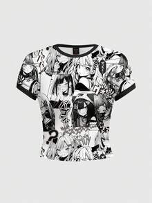 ROMWE Áo thun ngắn tay in hình hoạt hình dễ thương, phong cách cổ điển, retro, hình cô gái anime dành cho nữ. - màu đen - Xem 1