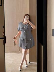 Vibekara Đầm dự tiệc/hẹn hò cổ tròn một hàng khuy dành cho nữ cỡ lớn - Đen và trắng - Xem 3