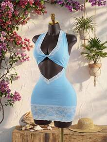 SaltGleam SaltGleam Vestido de verano para mujer con contraste de encaje, escote halter y espalda descubierta - Celeste - Ver 1