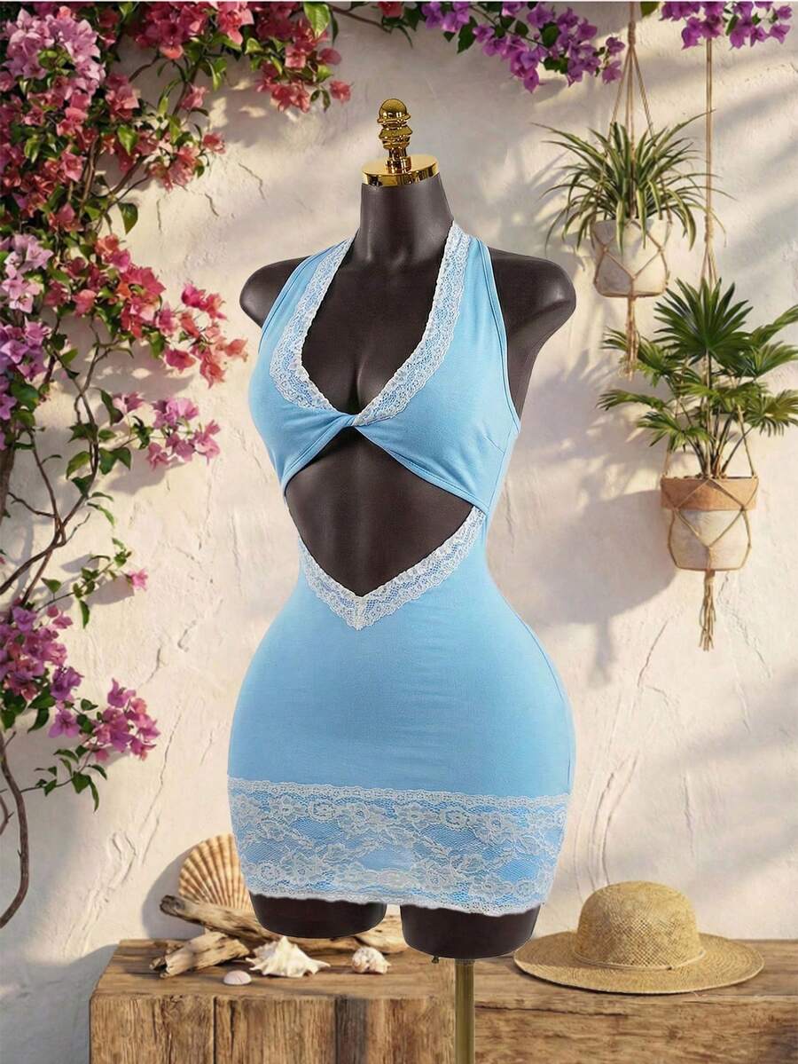 SaltGleam SaltGleam Vestido de verano para mujer con contraste de encaje, escote halter y espalda descubierta - Celeste - Ver 1