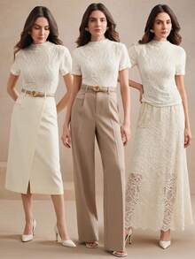 Anewsta 女士优雅度假沙滩休闲针织纹理褶皱杏色短袖T恤 - 杏色 - 查看 2