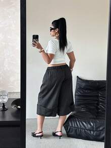 POPSWAY Quần lửng 7/8 kiểu dáng thanh lịch, thoải mái, cạp cao, ống rộng, dáng suông, tôn dáng, đa năng, phù hợp cho công sở mùa xuân và hè. - Đen và trắng - Xem 2