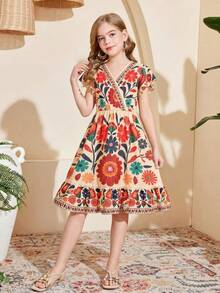 SHEIN Tween Girl Beige Summer Boho Holiday Tea Party Floral Print Flutter Sleeve V-Neck Maxi Dress,Kids Elegant Vintage Flower Sunday Beach Vacation Dress - Multicolor - View 6