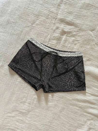 Elamini Women's Summer Black Leopard Print Lace Patchwork Bow Decor Casual Ultra-Low Waist Shorts, Suitable For Vacation, Outing, Home Office, Beach, Light Sports