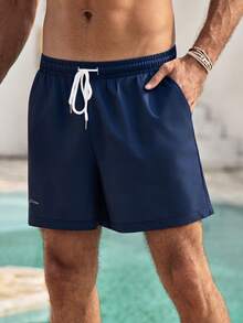 Mercer Haus 男士夏季藏蓝色抽绳腰斜插口袋夏威夷风速干双层网眼内衬短裤，3D印花时尚休闲沙滩泳裤 - 彩色 - 查看 5