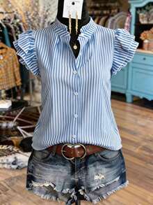 SHEIN LilyWest Women's Striped Single-Breasted Casual Versatile Daily Wear Shirt Puff Sleeve Blouse Button Up Tops Short Sleeve Blouses Women Summer Shirts Striped Shirt Women Striped Blouses Women's Tops And Blouses Work Blouses Ruffle Sleeve Tops Work Outfits Women Women's Shirts For Summer Shirts For Ladies Casual Blouses For Women New Elegant Casual Blouses For Women Summer - Apricot - View 1