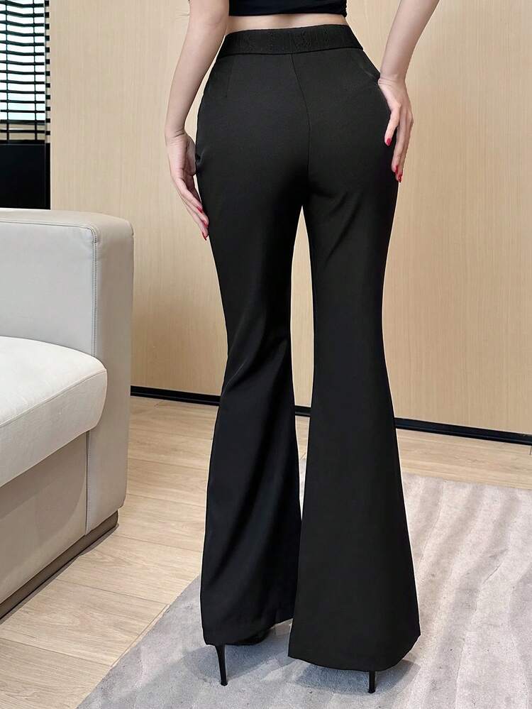Tall Women's Lace Patchwork Flare Pants, Elegant Solid Color Long Trousers