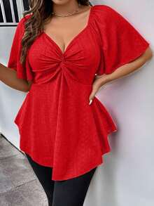Rometta Plus Size Women's Twist Knot Asymmetrical Hem T-Shirt For New Year Clothes - Red - View 3