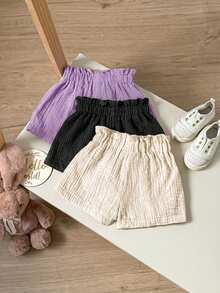 Conjunto de 3 peças para bebê menina, shorts casuais de verão em cor sólida com cintura elástica. - Multicolorido - Ver 2