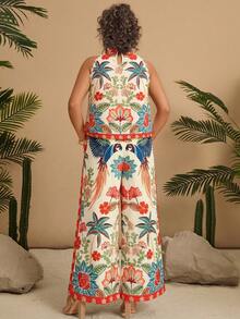 Travachic Plus Size Women Palm Tree Print Halter Top And Wide Leg Pants Casual 2 Pieces Set - Multicolor - View 2