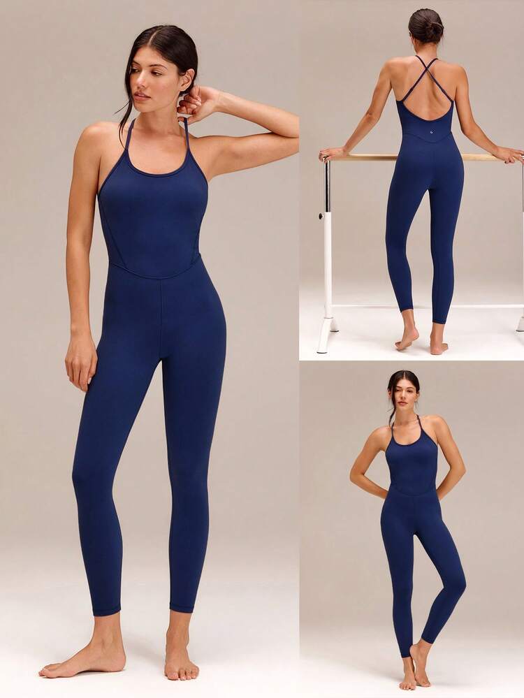 24" FeatherFit™ Tummy Control Adjustable Crossover Strap U Back Bodysuit Jumpsuit Low Impact Yoga Daily Removable Cups