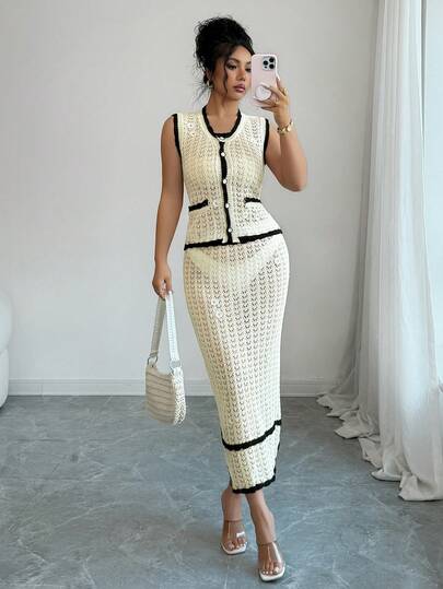 SHEIN Elenzya Bộ đồ 2 món dành cho nữ, màu trơn, dệt rỗng, họa tiết hoa cúc, phong cách cổ điển thanh lịch vùng Riviera Pháp, gồm áo vest không tay và chân váy ngắn.