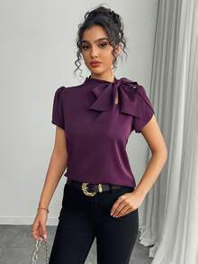 SHEIN Tall Women's Dark Purple Bow-Tie Blouse,Stand-Up Collar,Short-Sleeved Satin Chiffon,Summer Elegant Office Sophisticated Versatile Casual Wear, Tall Women - Purple - View 5