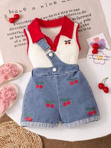 Bộ 2 món gồm áo không tay và quần yếm denim cho bé gái, trang phục mùa hè dễ thương. - Màu xanh lam - Xem 8