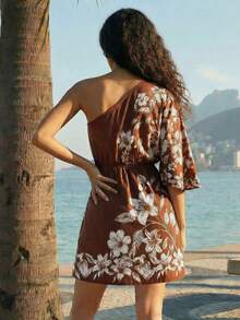 CAJUNI Đầm lệch vai in hoa màu nâu thanh lịch dành cho nữ, tay áo kiểu kimono, thích hợp cho kỳ nghỉ hè ở bãi biển, đầm lệch vai mùa hè, đầm lệch vai dành cho nữ. - màu nâu - Xem 2