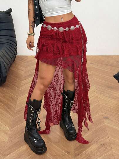 Coolane Falda larga asimétrica con volantes y flecos de talle bajo, estilo boho, Y2K, country, conciertos, vacaciones y streetwear para mujer de talla grande