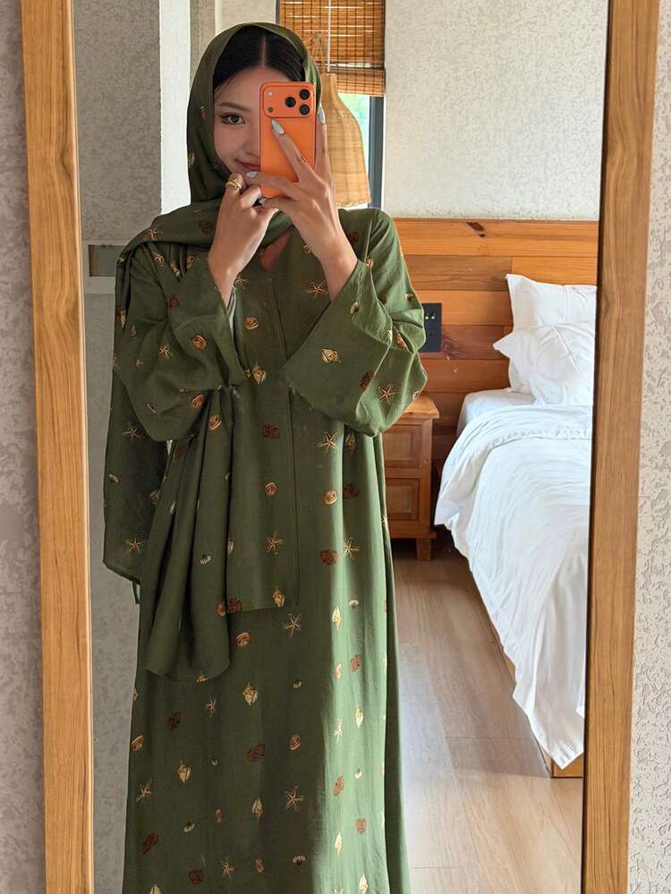 Vacation Style Ocean Element Allover Print Robe & Headscarf Set, Women Nightgown
