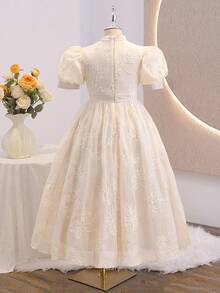 Đầm midi xòe cao cấp dành cho thiếu nữ, chất liệu organza thêu hoa, cổ cao, tay phồng xòe rộng, eo thắt, đính ngọc trai, thích hợp cho đám cưới, dạ hội, tiệc sinh nhật, tiệc chiêu đãi. - Màu be - Xem 2