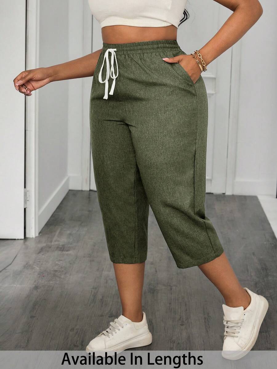 SHEIN PETITE CURVE Plus Drawstring Waist Capris Pants - Fresh Green - View 1