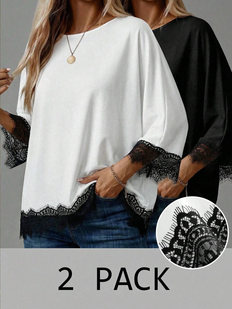 EMERY ROSE 2pcs/Set Women Casual Minimalist Contrast Color Lace Patchwork Loose Basic T-Shirt - Black and White - View 1