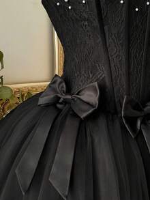 Lovelzi Đầm dạ hội thanh lịch, lãng mạn với chất liệu ren và lưới, kiểu dáng phồng, không dây vai, có gọng định hình, nơ buộc lưng có thể tháo rời, dây đeo điều chỉnh được, thích hợp cho đi biển, nghỉ lễ, dự tiệc sinh nhật, tốt nghiệp, dạ hội, đám cưới, cocktail dành cho nữ. - màu đen - Xem 7