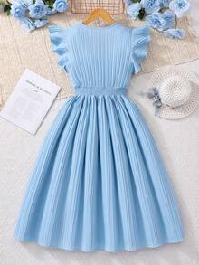 SHEIN Teen Girl Elegant Refreshing Waist Tie Ruffle Sleeve Maxi Dress - Blue - View 2
