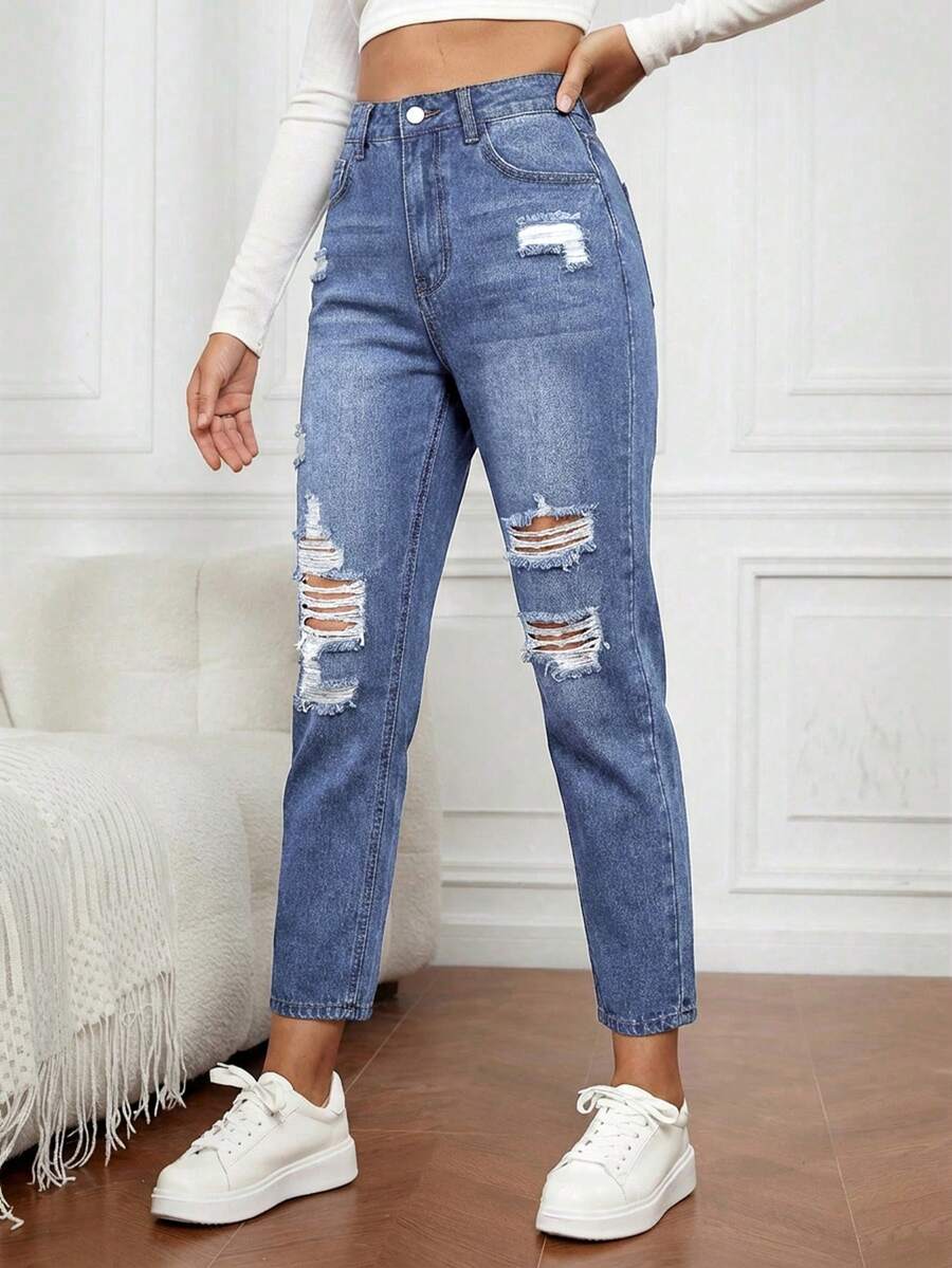 EMERY ROSE Jeans de mezclilla para uso diario, versátiles y casuales, con bolsillos y botones desgastados para mujeres - Azul - Ver 1